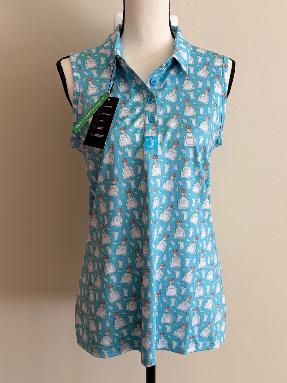 Sleeveless Light Blue Patron Printed Golf Shirt